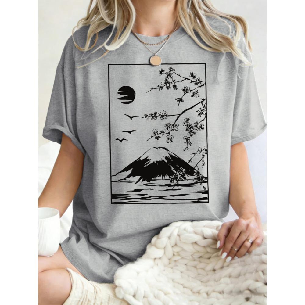 Cherry Blossoms In Mount Fuji Print Women T Shirts Summer Hip Hop Short Sleeve Cotton Y2K Oversized Clothes T-Shirt