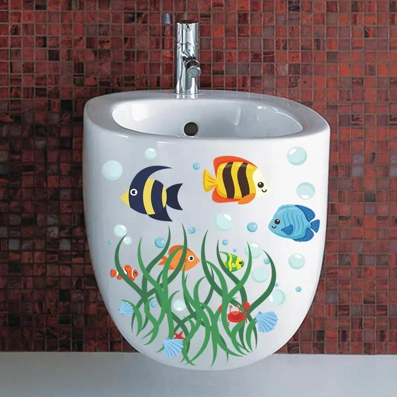 Cartoon Toilet Sticker WC Self Adhesive Mural Ocean Fish Wall Sticker Bathroom Toilet Lid Sticker Decal Home Decoration