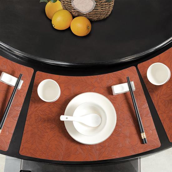 Artificial Leather Placemats Oil Resistant Chinese Style Engraved Flower Pattern Fan-Shaped Placemats Dining Table