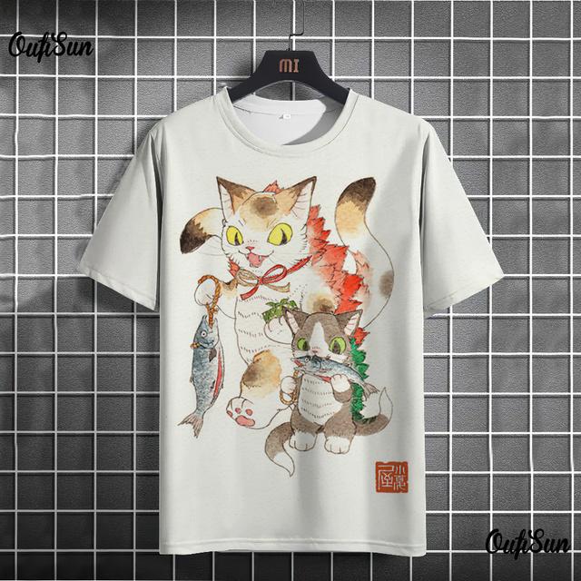 Anime Cat T-shirt For Men Summer O Neck Trendy Short Sleeve Tees Oversized Streetwear Casual Sweatshirt Male Basic Clothing Tops