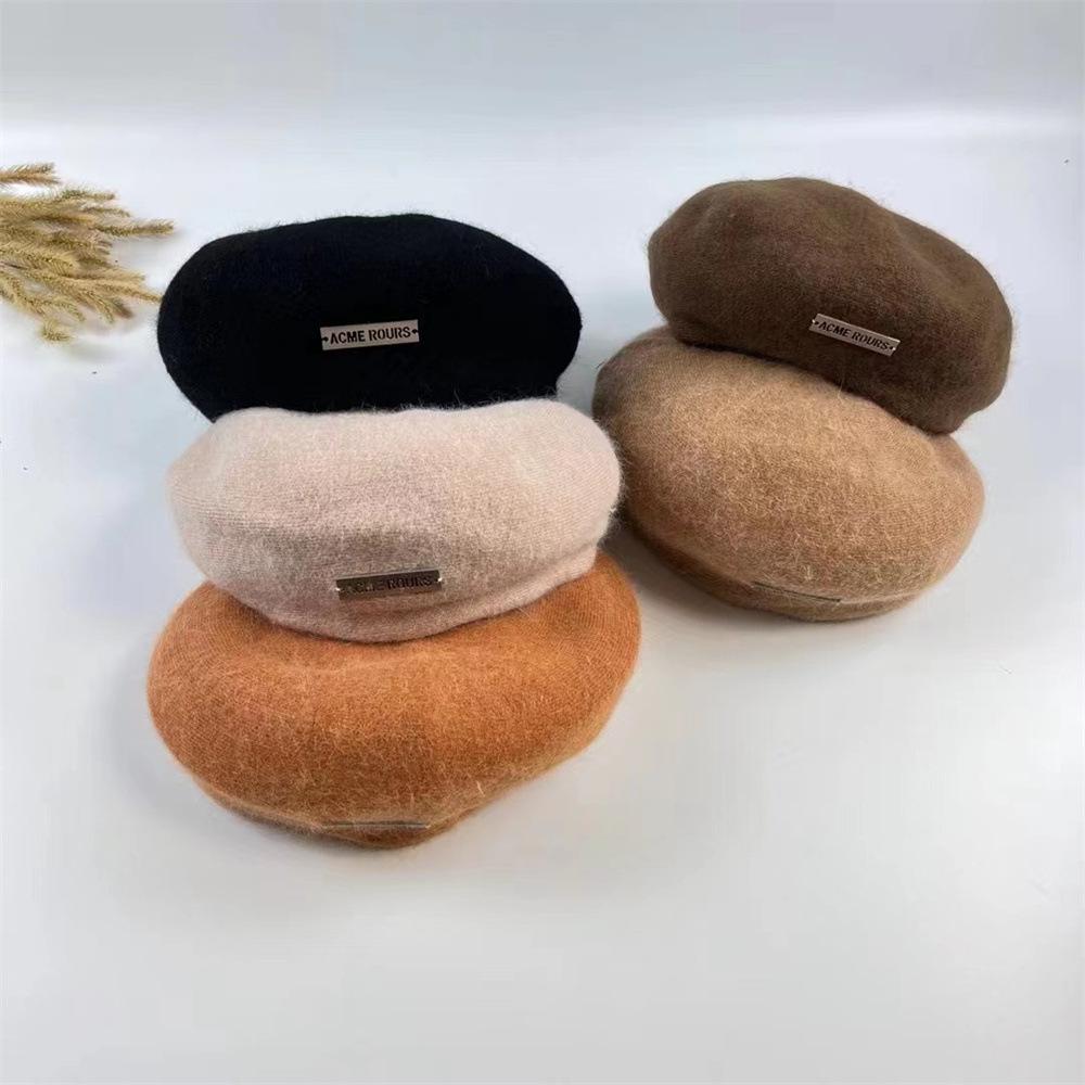 

Sweet beret female autumn and winter rabbit fur black painter hat warm shopping cute face small elastic hat circumference Adult (55-58cm) чорний