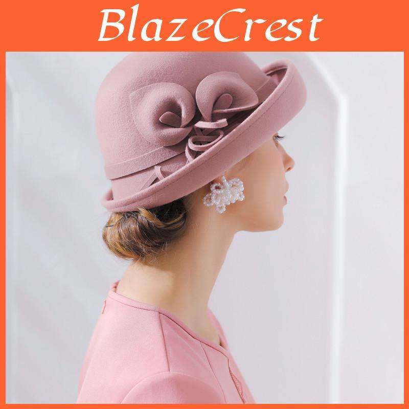 Bucket Vintage Womens Winter Fashion Hats Bow Knot Caps Wool Flower Hat Headdress Outdoor Calla Lily