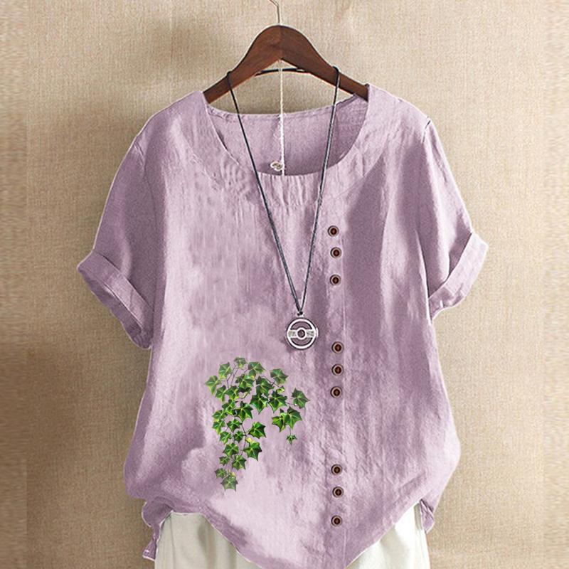 Women's Fashion Round Neck Short Sleeve T-shirt Casual Cotton Linen Graphic Shirt Leisure Loose Green Plants Prined Summer Blouse Tops