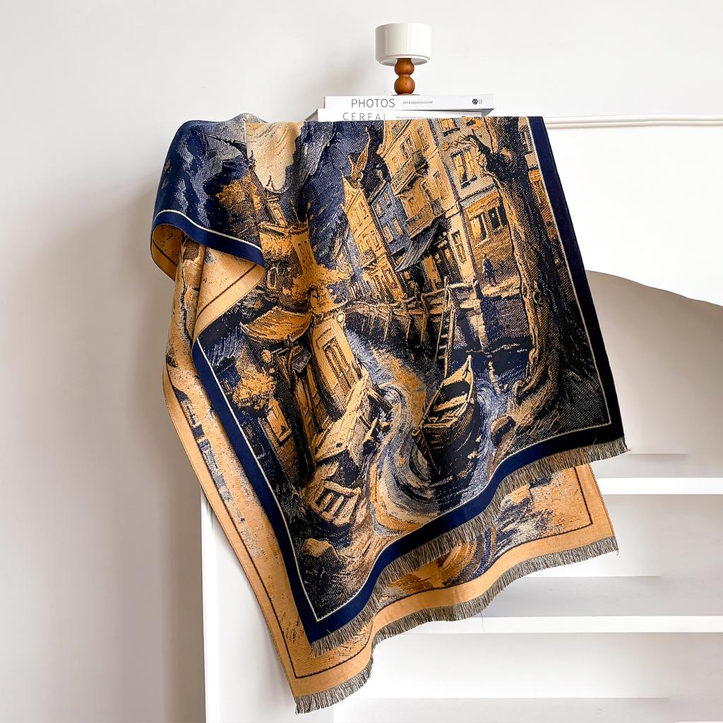 Design Architecture Print Scarves Women Winter Thicken Scarf Imitation Cashmere Shawl Warm Coldproof Windproof Blanket