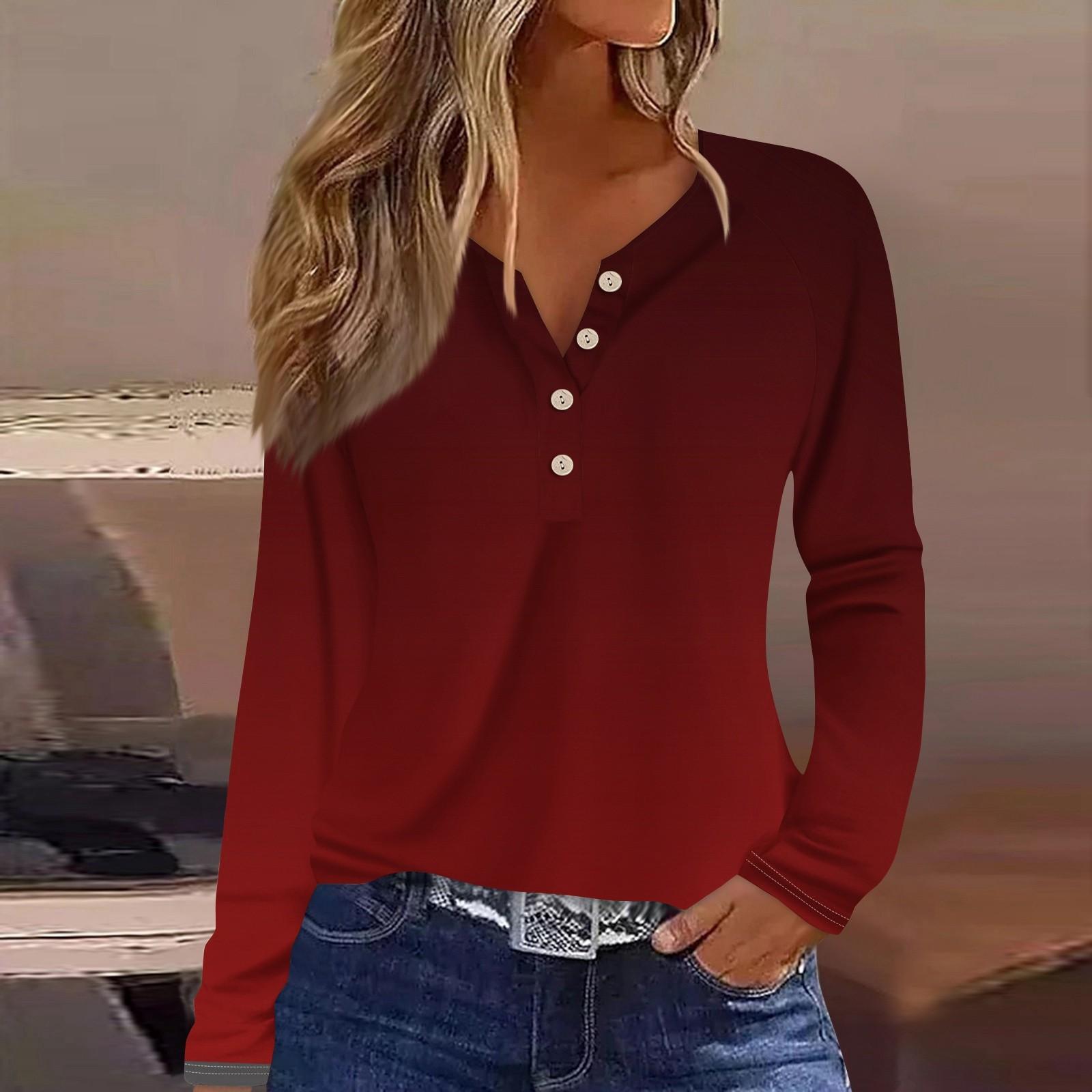 

Жіноча модна повсякденна футболка з V-подібним вирізом і ґудзиками з градієнтним принтом і довгими рукавами XL винний