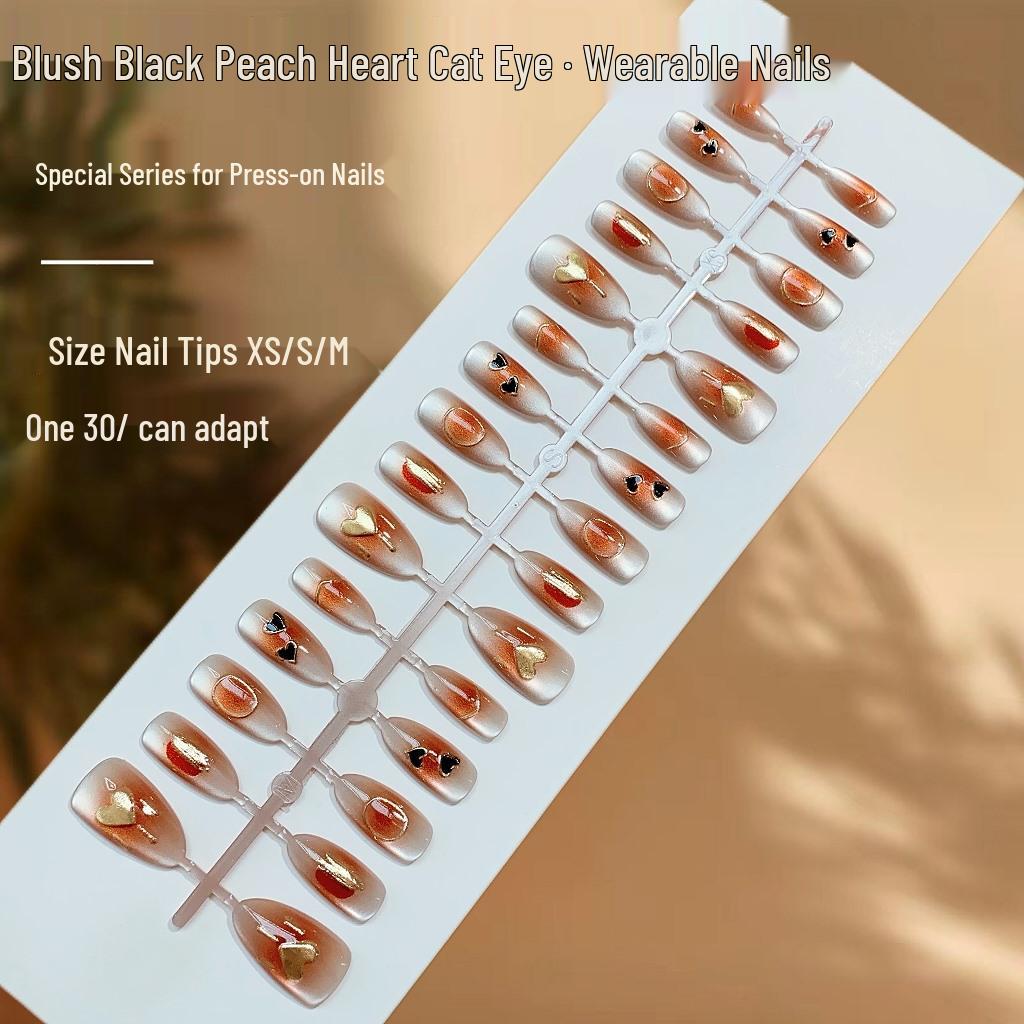 

3D Blush Peach Heart Cat Eye Wearable Gilded False Nails - Pre-made Nail Tips