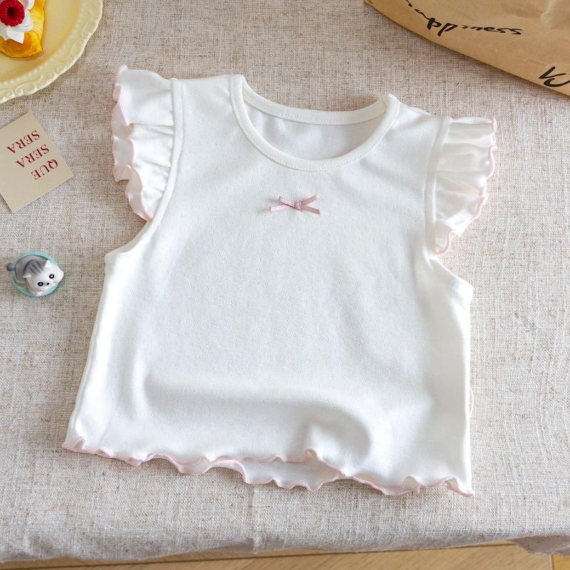 

Girls Vest Summer Bowknot Children s T-shirt Lace Sleeves Tops Versatile Korean Version Trendy Toddler Kids Casual Tees 80 белый