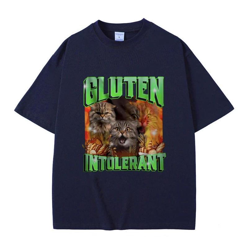 Gluten In Tolerant Cat Funny Meme Print Tshirt Male Fashion Oversized Streetwear Men Women Casual Cozy Pure Cotton Short Sleeve