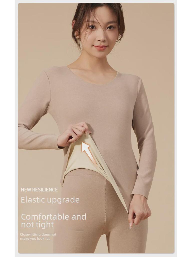 Damen Langarm Thermo-Oberteil aus deutschem Samt: Slim Fit, Rundhalsausschnitt, Einfarbig, Übergröße, Herbst/Winter Wärme.