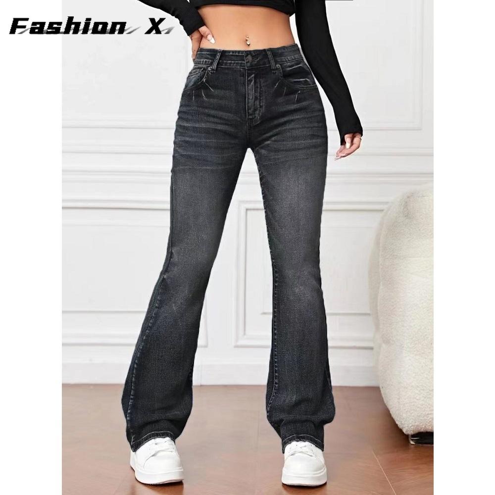 Women's Long Casual Denim Trousers Women's Stretch Jeans Straight Legs