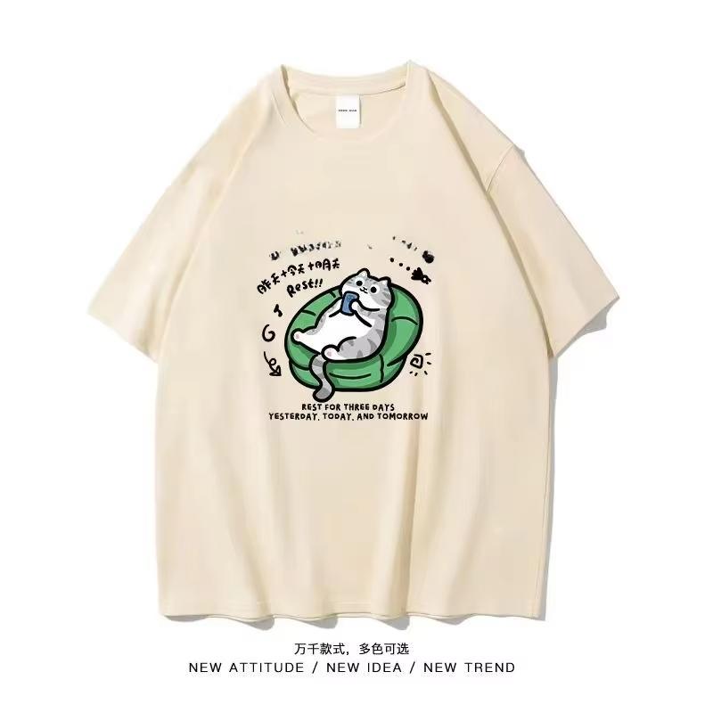 

Fashion Loose T-shirt Hip Hop Streetwear Cotton Short Sleeve Casual ClothingOff Cartoon Cat Funny Migrant Daily Teen 4XL
