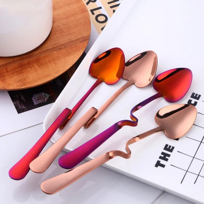 Hanging Cup Coffee Spoon Heart Shape Stainless Steel Scoop Silver Sugar Dessert Spoons Gold Stirring Tea-spoon Snack Juice Tools