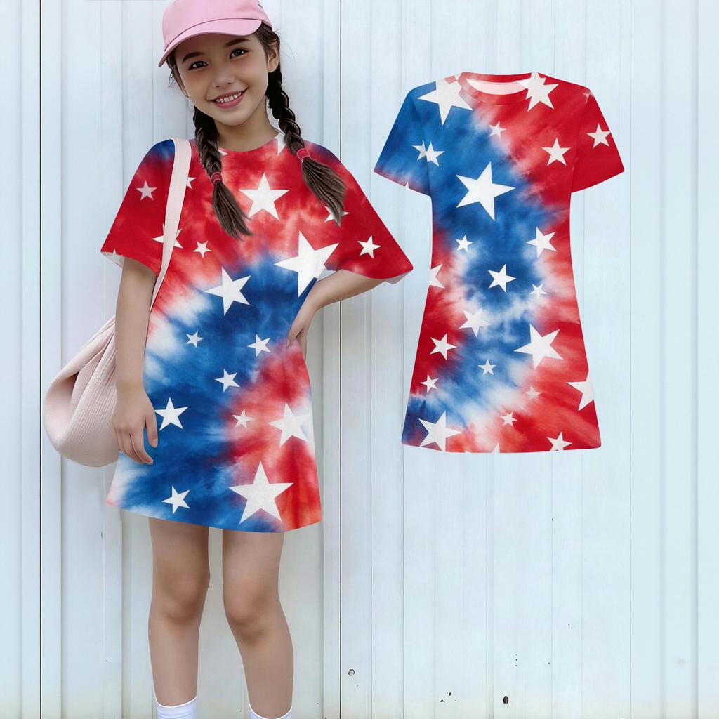 Girls Independence Day Print Casual Dress Kids Loose Round Neck Short Sleeve Thin Sundress