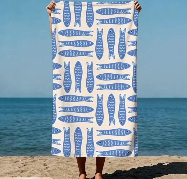 1 Stück Blaues Design Strandtuch Mit Fischmuster Muster Ist Sehr Strand Schwimmbad Reise Camping Yoga Sonnentrocknungstuch