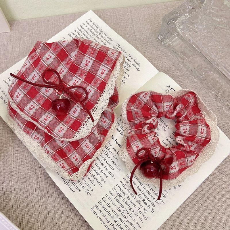 1pc Korean style cherry wind headband spring new red checkered cherry square scarf large intestine headband
