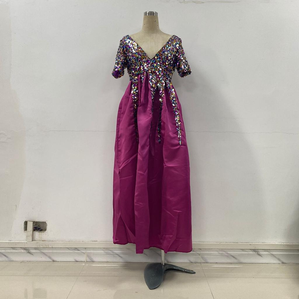 Sequins Dress Split V-neck Banquet Evening Dress 2026 Summer Plus Size Women Dress