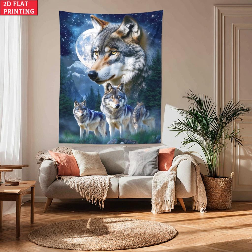 Wolf Pack Full Moon Night Forest Wall Tapestry Nature Animal Art Bedroom Decor Wild Animal Lovers Hunting Themed Tapestry