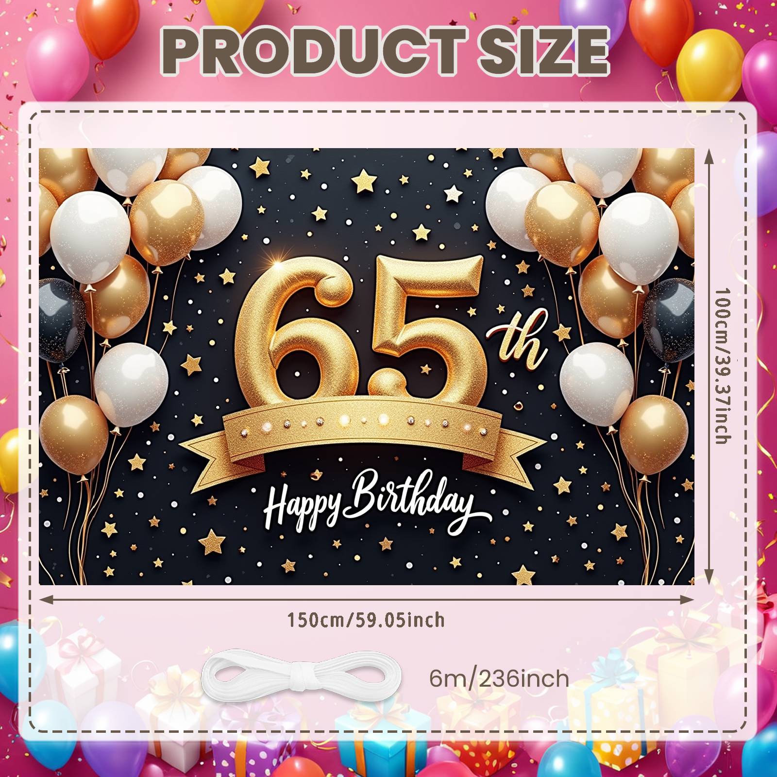 Happy 65th Birthday Banner Starry Background Celebration Display 65th Party Backdrop Gold White Black Birthday Event Background
