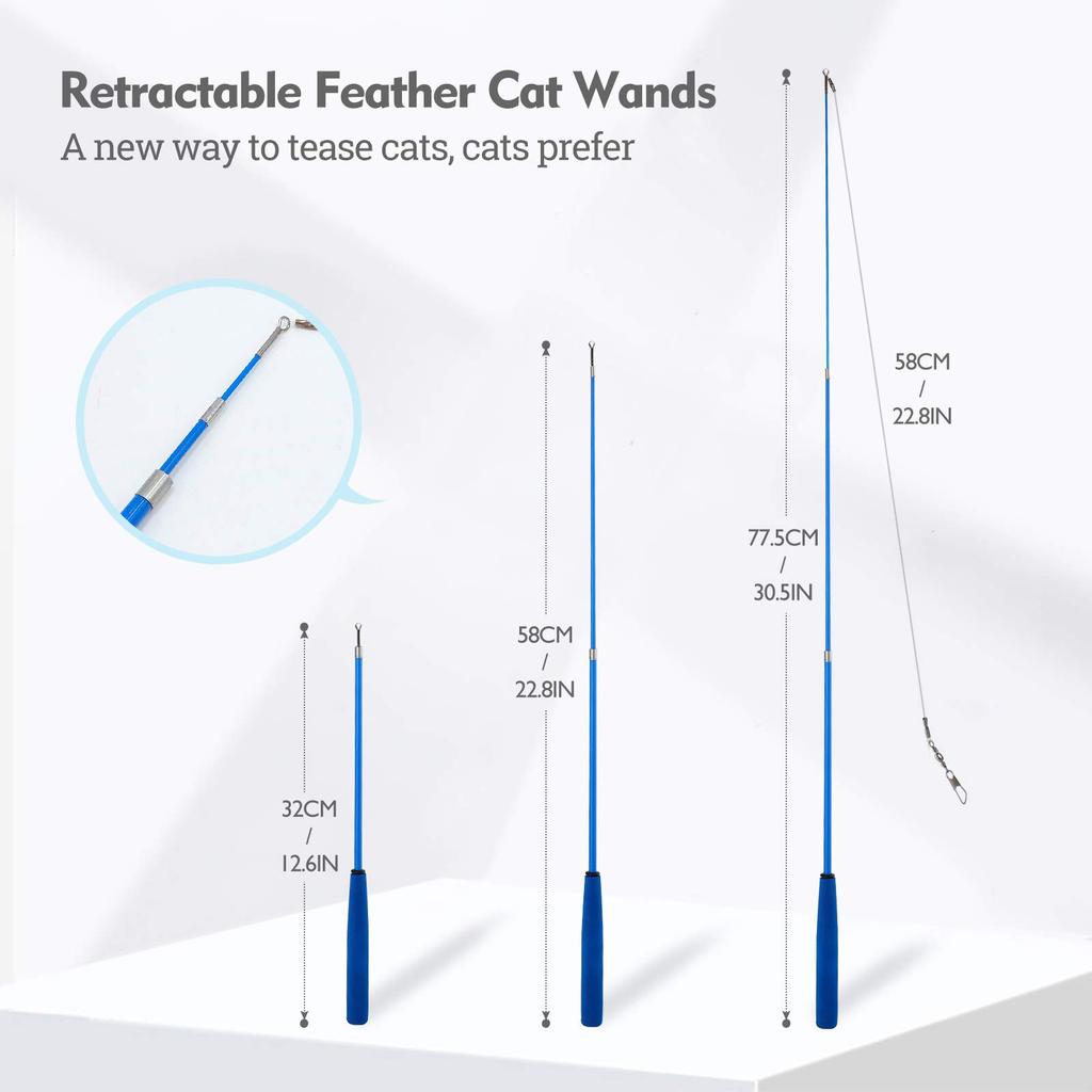 WD&CD Cat Teaser, Cat Toy, Set of 12 Replacement Feathers and 2 Rods, Natural Feather Toy with Bell, Dangle Cat Toy, Pet Supplies, 14-Piece Set