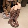 2025 höst nya retrostil tjock klack riddarstövlar dam spetsiga veckade pile-stövlar höga stövlar brittiska westernstövlar dam