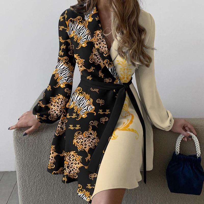 Womens Elegant Wrap-Style Colorblock Tie-Waist Dress With V-Neck Long Sleeve Asymmetrical Hem