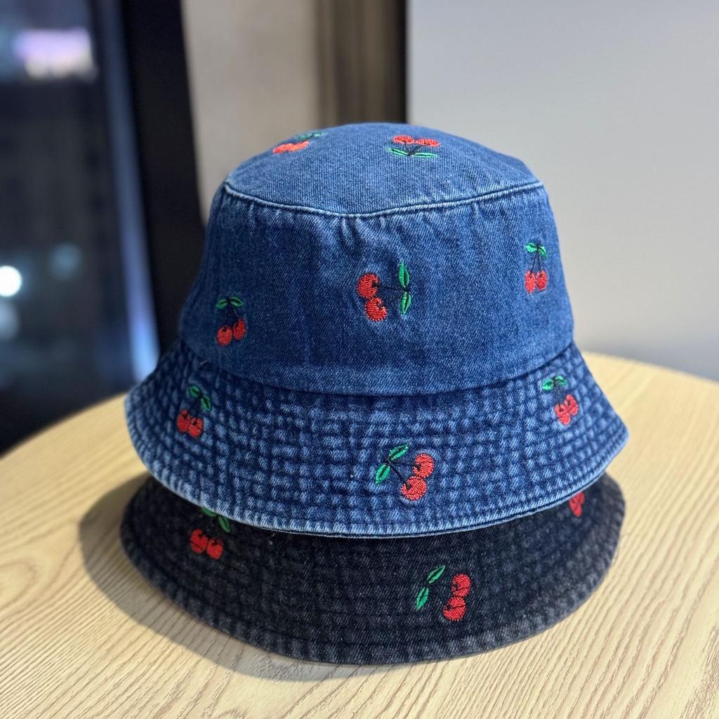 Spring and summer new style small cherry denim fisherman's hat, a fashionable and cute sunshade hat for women, suitable for outdoor leisure and sun
