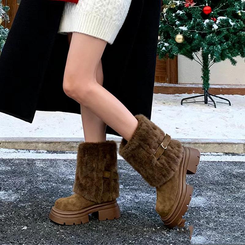 Nisch japanska fluffiga byxor tubstövlar dam tjock klack varma och köldtåliga snöstövlar staplade och förtjockade mellanhöga stövlar nordöstra bomullsstövlar