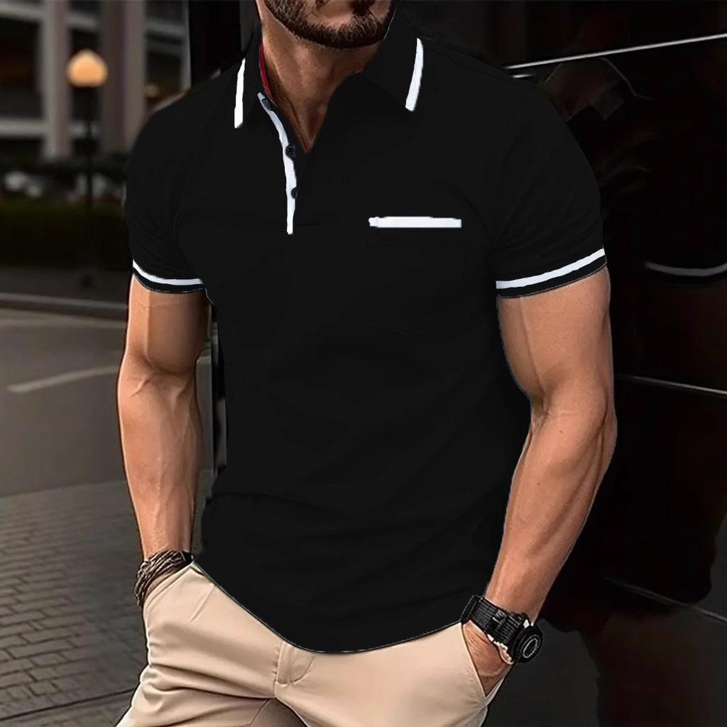 Men Clothes Summer Casual Short Sleeve Lapel Golf Polo Shirt Pocket Stitching Tops Polo Shirt