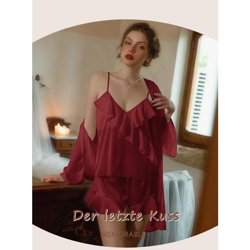 Sexy Pajamas Women's Ice Silk Thin with Chest Pads, Suspenders, Pajamas Three-piece Set, Pure Desire Style Loungewear Can Be Worn Outside