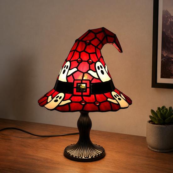 Lampa v podobě čarodějnického klobouku z vitráže, Ručně vyráběná retro pryskyřičná čarodějnická lampa, Gotická noční lampa v podobě čarodějnických klobouků napájená přes USB, Halloweenská dekorace do domácnosti