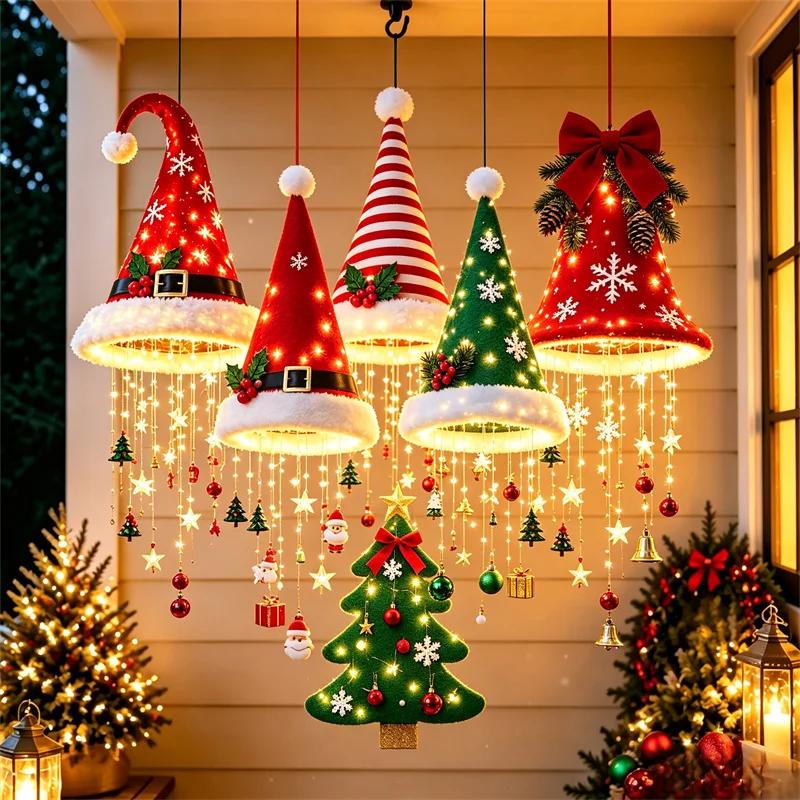 Christmas Hat Hanging Light,with Tassels Snowflake Glowing Santa Hat Lamp,Funny Warm Light Romantic Night Light Christmas Decor