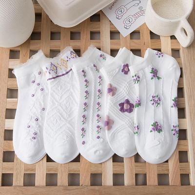 Purple Flower Cotton Socks Female Kawaii Lacesocks Sweet Summer Short Sock Slippers Women Casual Soft Boat Socks  Harajuku Style