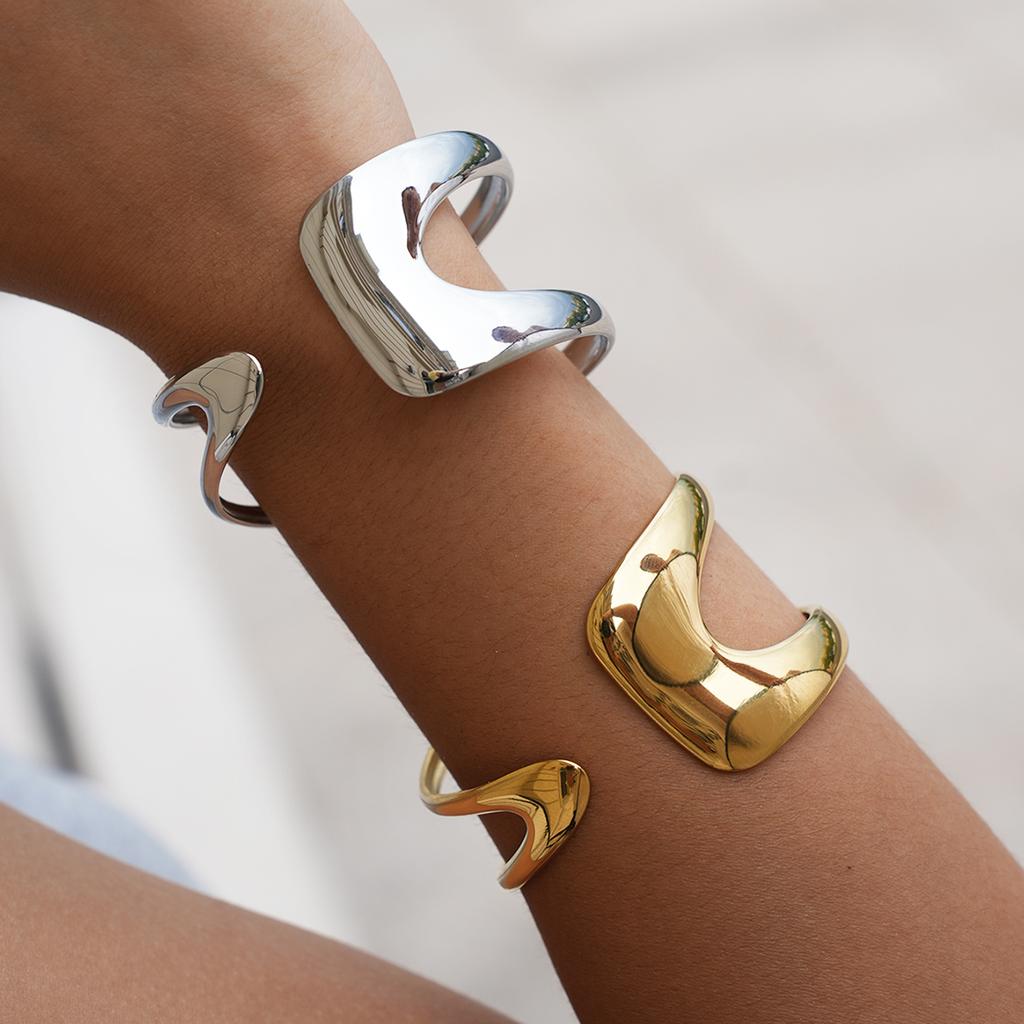 Minimalist 18K Gold Stainless Steel Modern Silver Stainless Steel Simple Double Layer Hollow Cuff Bangle Bracelet for Women