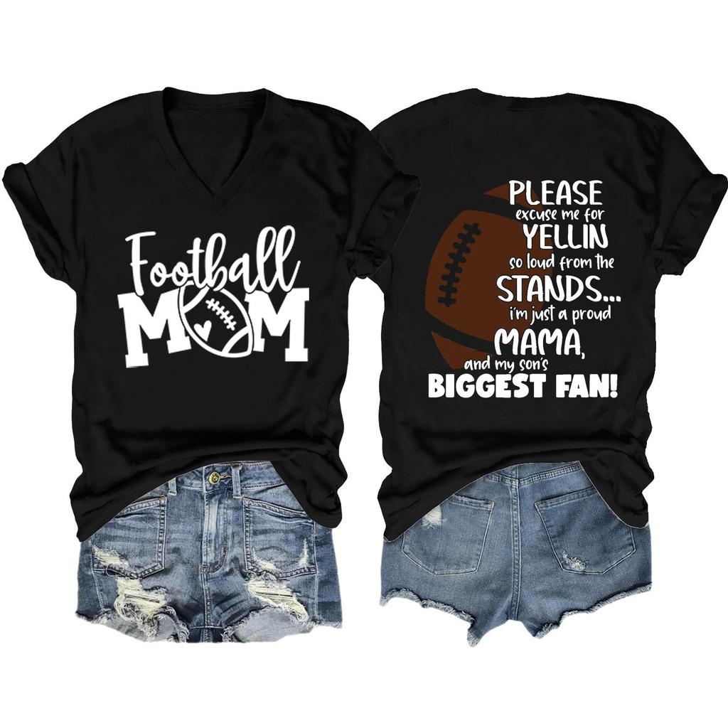 Summer new Vneck Tshirt Football Mom print loose casual shortsleeved top ladies all fashion pullover