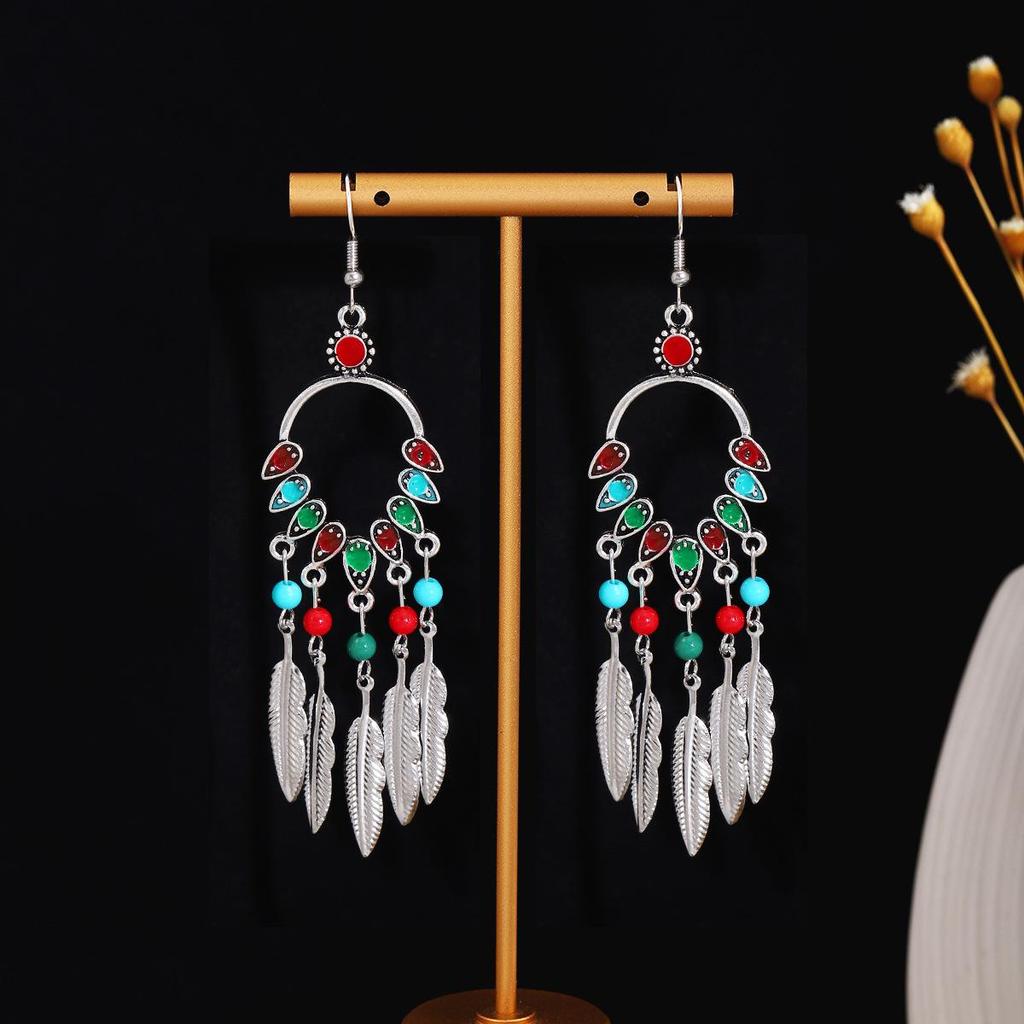 Bohemian Ethnic Oval Tassel Earrings with Beads
