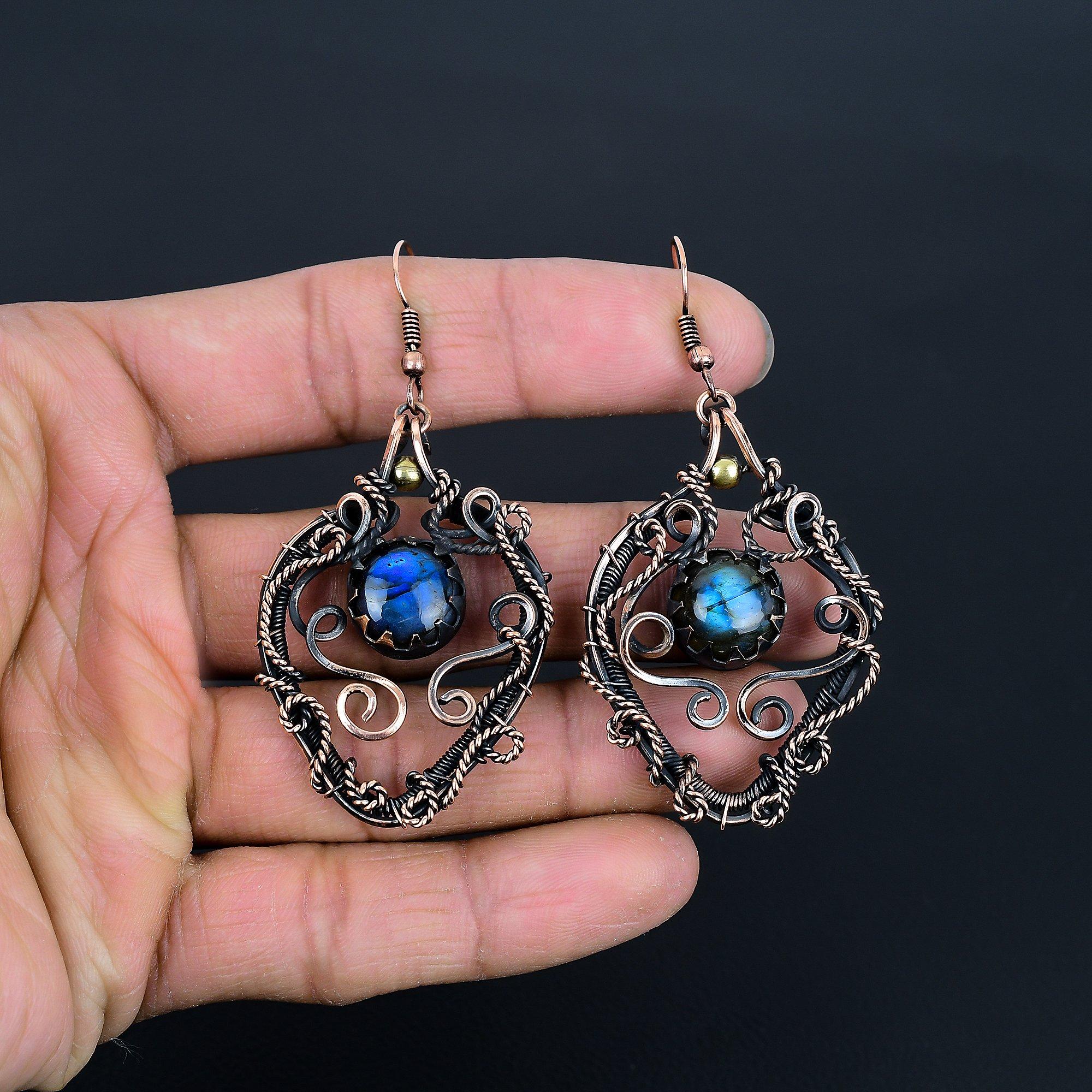 

Серьги из лабрадорита, обернутые медной проволокой 999 пробы, Ювелирные изделия с драгоценными камнями ручной работы, Подарки для жены, Совершенно новые серьги 2.87 Inches