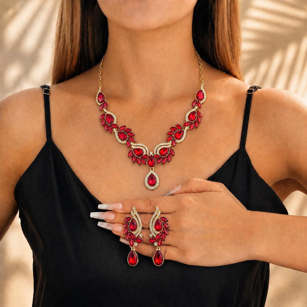 Light Luxury Red Retro Exaggerated Earrings Necklace Two-piece Set Versatile Banquet Bridal Jewelry Set 2026