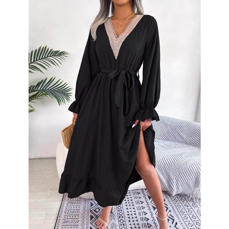 Women's Autumn-winter Style V-neck Lace Pinched Waist Long Dress
