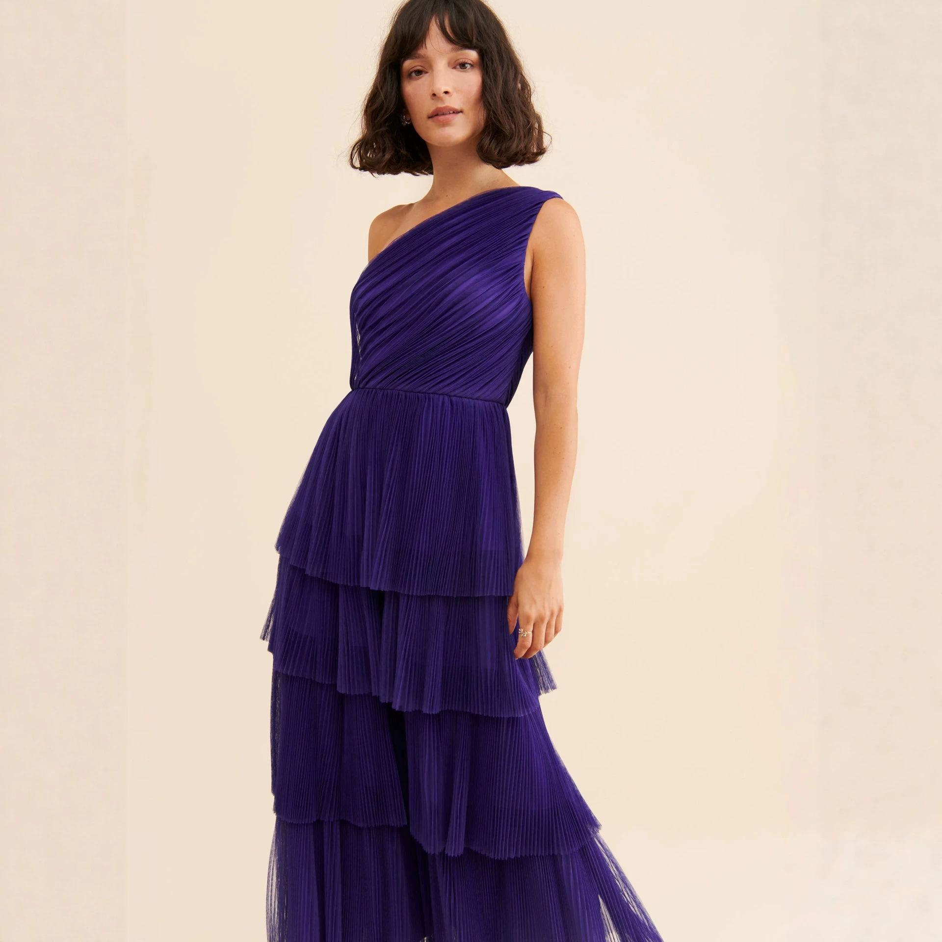 French Elegant One Shoulder Pleated Mesh Cake Dress Dress Waist Skinny Temperament Banquet Party Long Dress XS