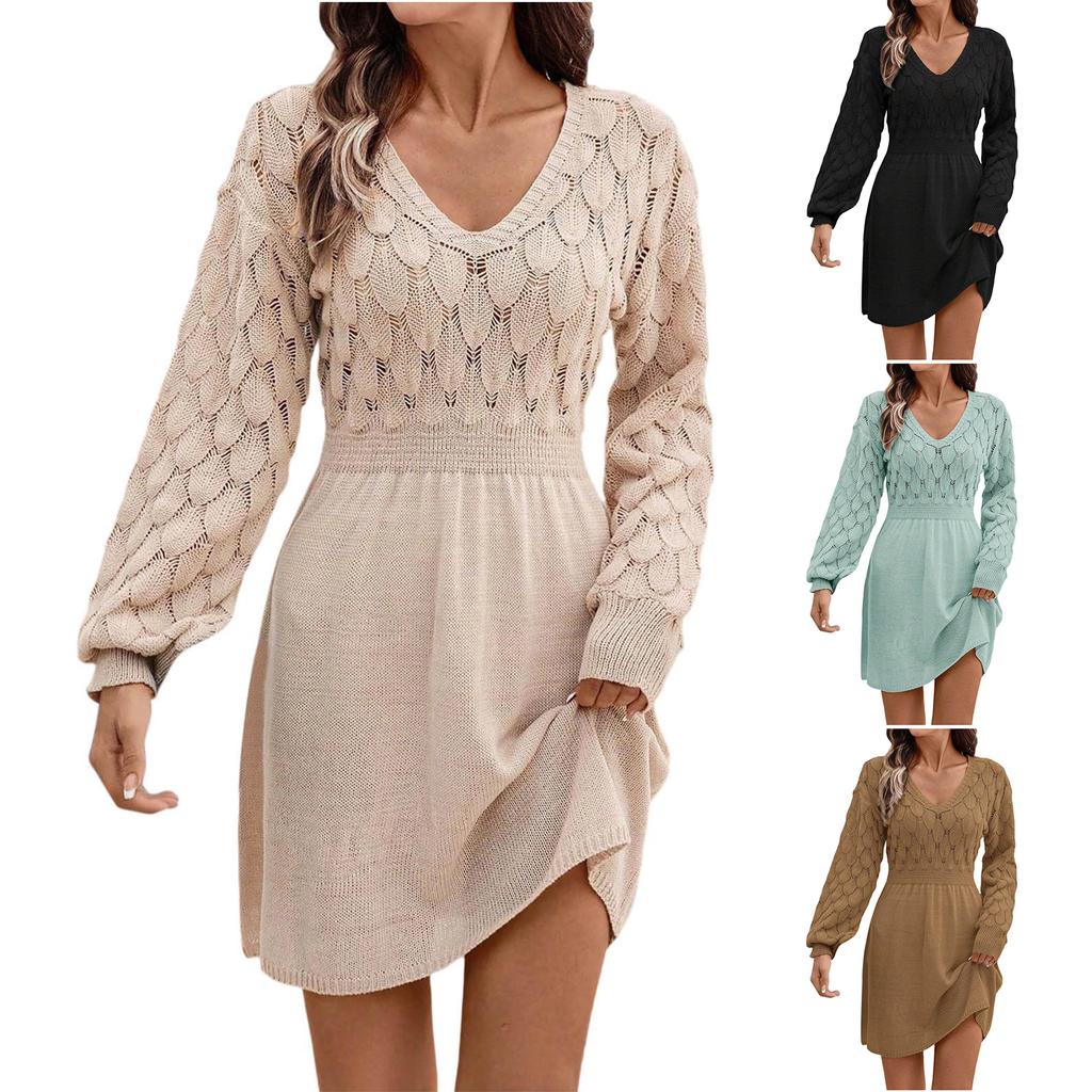 Women's Casual V-neck Hollow-out Scale Texture Solid-color Long-sleeve Sweater Dress