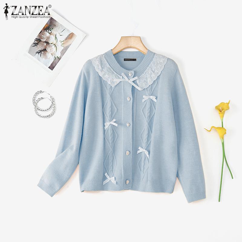ZANZEA Oversized Women Long Sleeve Buttons Up Lace Casual Loose Knitted Sweaters Cardigan
