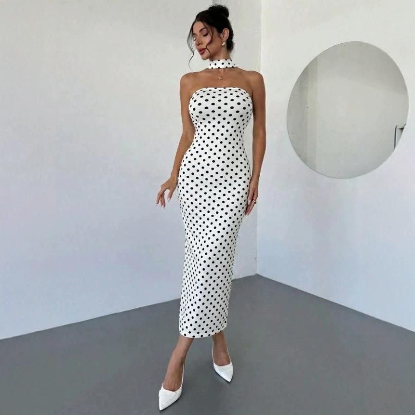 New TikTok hot-selling polka dot slim-fitting bow strap dress
