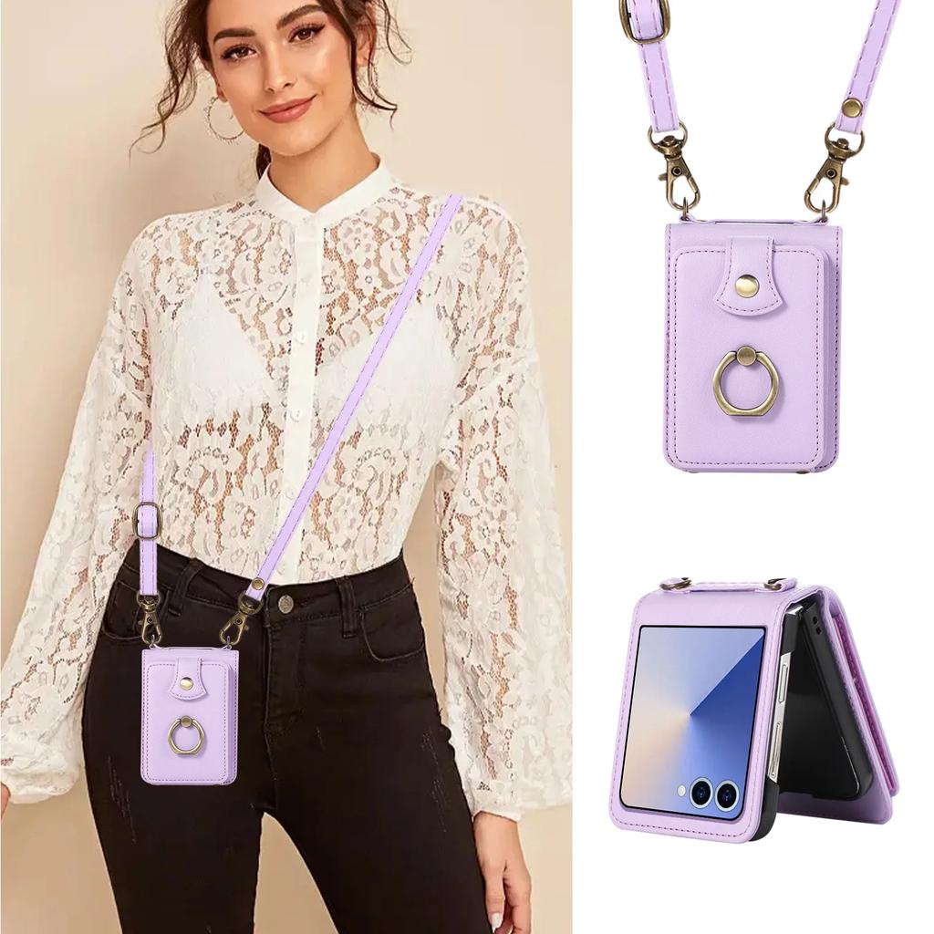 Portafoglio in Pelle Custodia per Telefono per Samsung Galaxy Z Flip 7 6 5 4 3 Flip7 FE con Anello per Dita Porta Carte e Tracolla