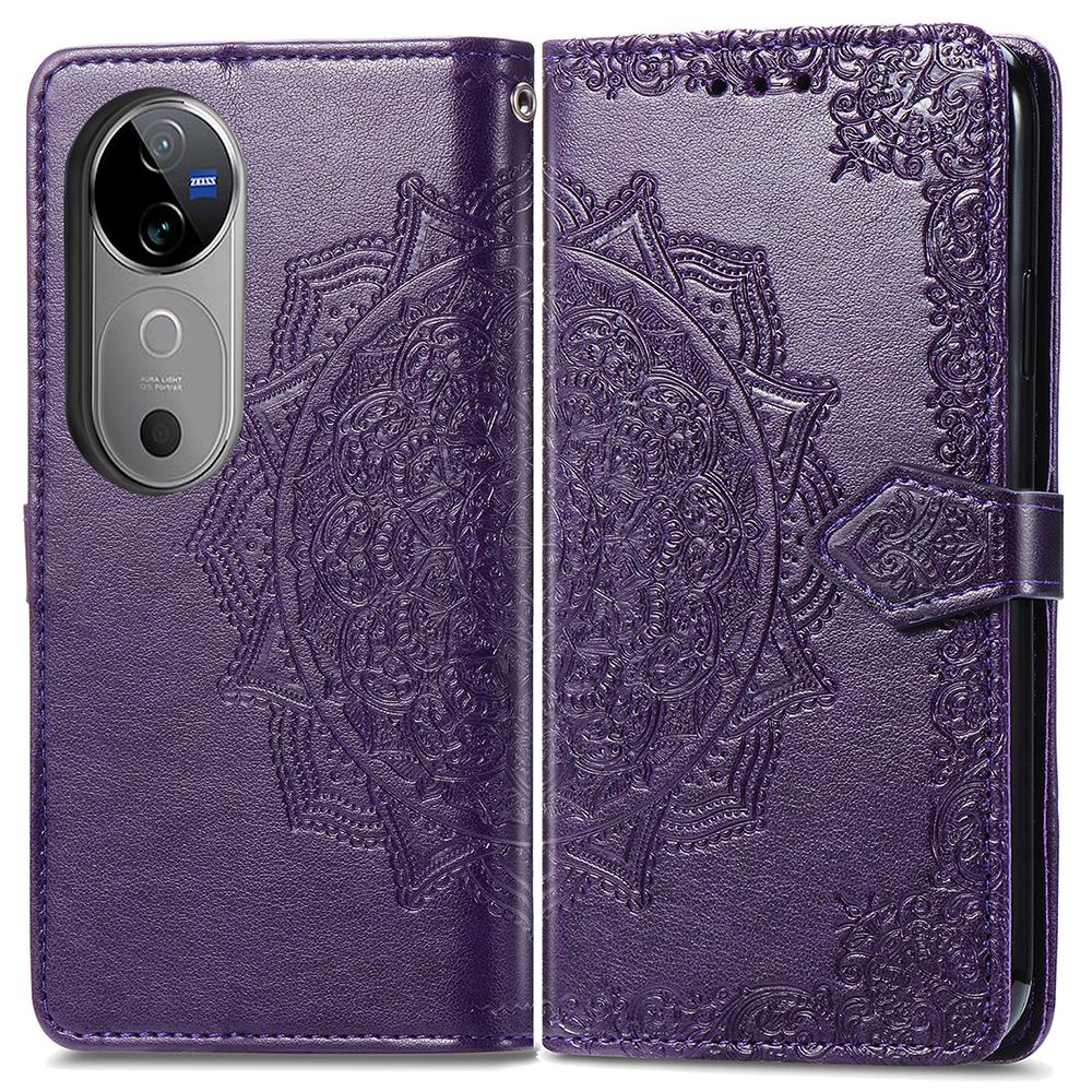 

Чехол для vivo V40 5G с тисненым дизайном мандалы, кожаный чехол-кошелек для телефона Purple