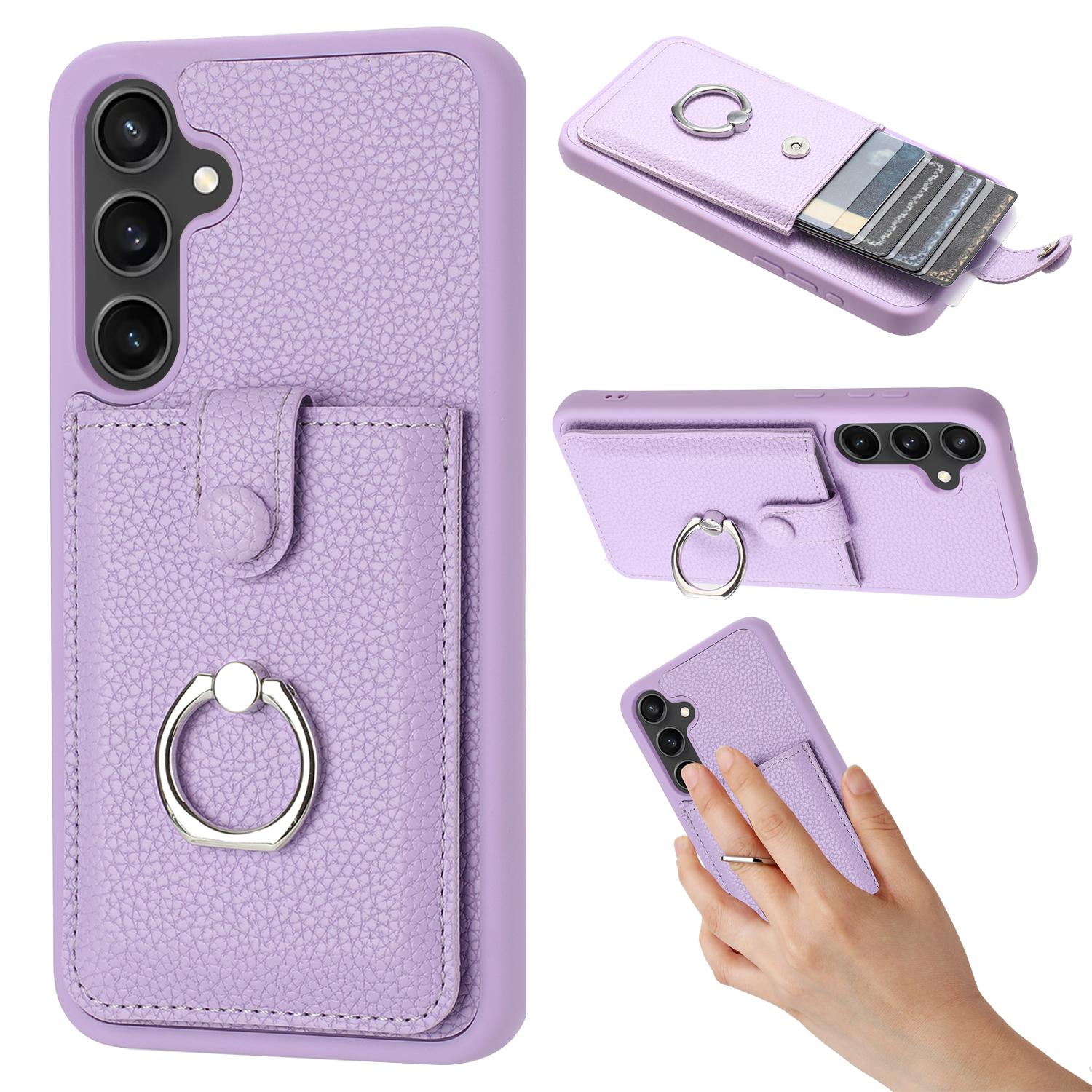 

For Samsung Galaxy S23 FE Case Drawing Type Card Slots Litchi Texture Leather Back Cover with Ring Kickstand Purple
