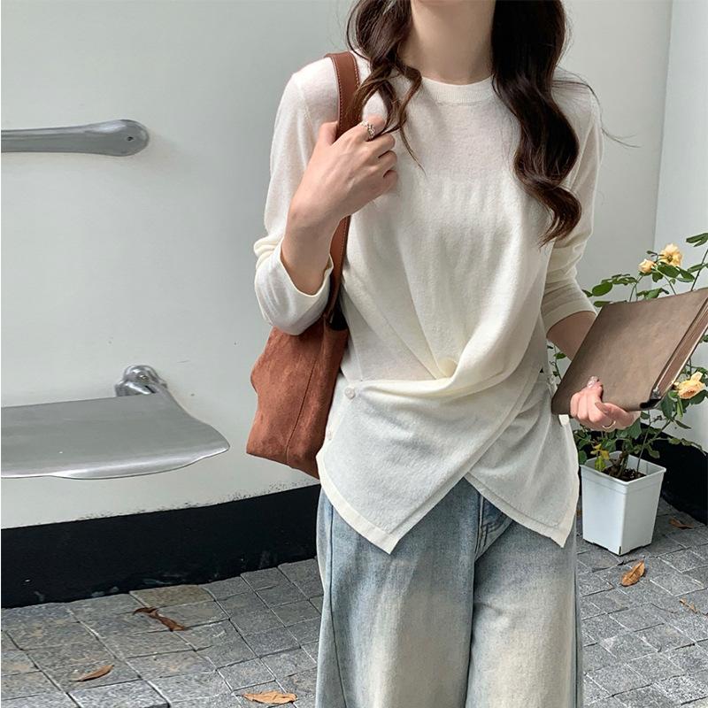 

Irregular front cross crew neck wool bottoming shirt early autumn thin casual style long sleeve knitted sweater top sweater One Size белый