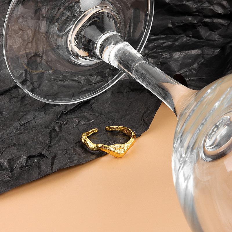 Silver Open Ring for Women with Gold Foil Concave Convex Irregular Design resizable золотой