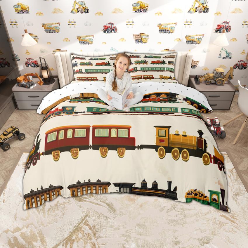 Homewish Zestaw poszewki na kołdrę dla dzieci z kreskówkowym samochodem 2 szt./3 szt., Urocza pościel z motywem pociągu, ciężarówki, traktora, Pościel z motywem transportu