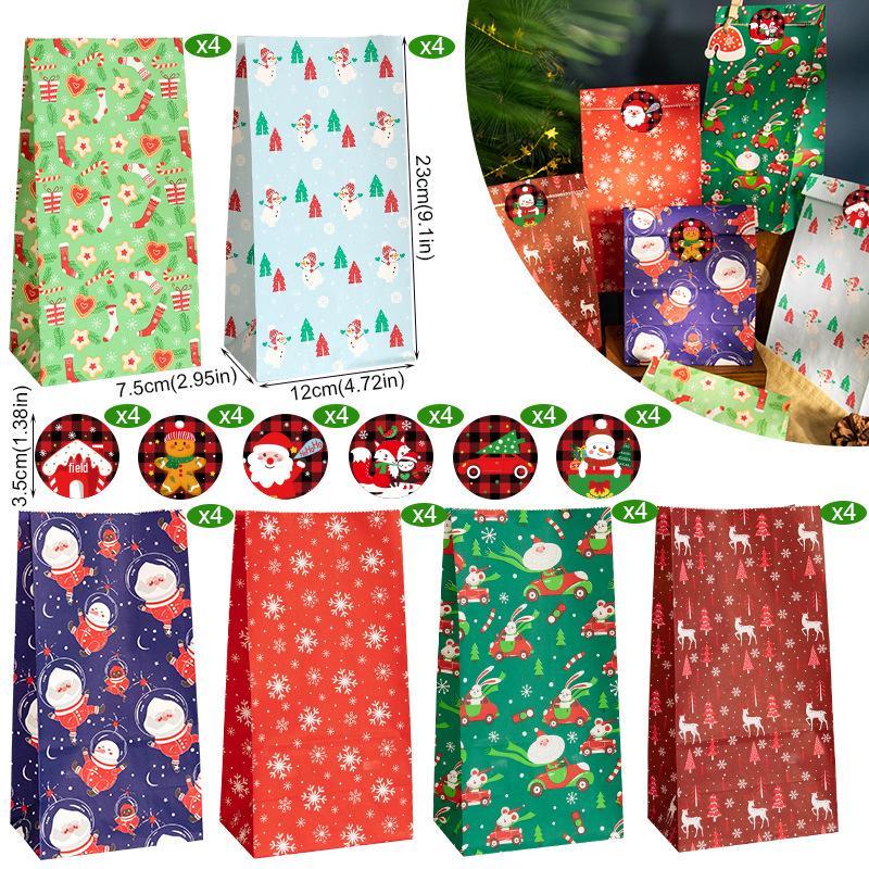 Christmas Gift Bags with Stickers - 24 Sets Advent Calendar Candy Paper Bags