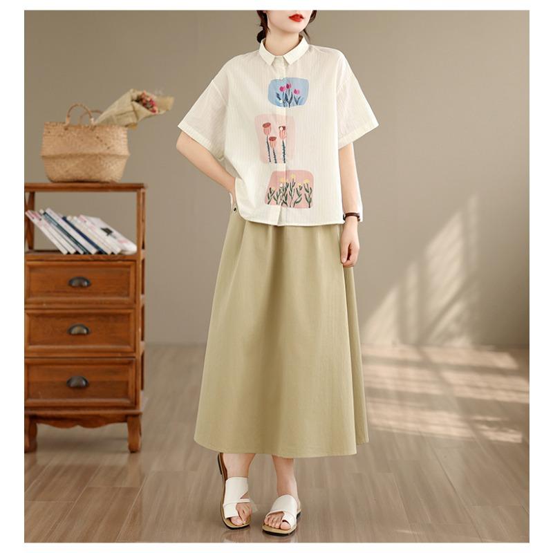 DIMANAF 2026 Women Plus Size New Summer Blouse Shirt Short Sleeve Casual Loose Print Lady Tops Shirts Cotton